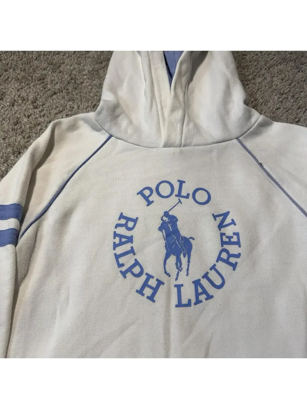 Polo Ralph Lauren Girls Big Pony Fleece Hoodie Dress White Blue Large (12/14)